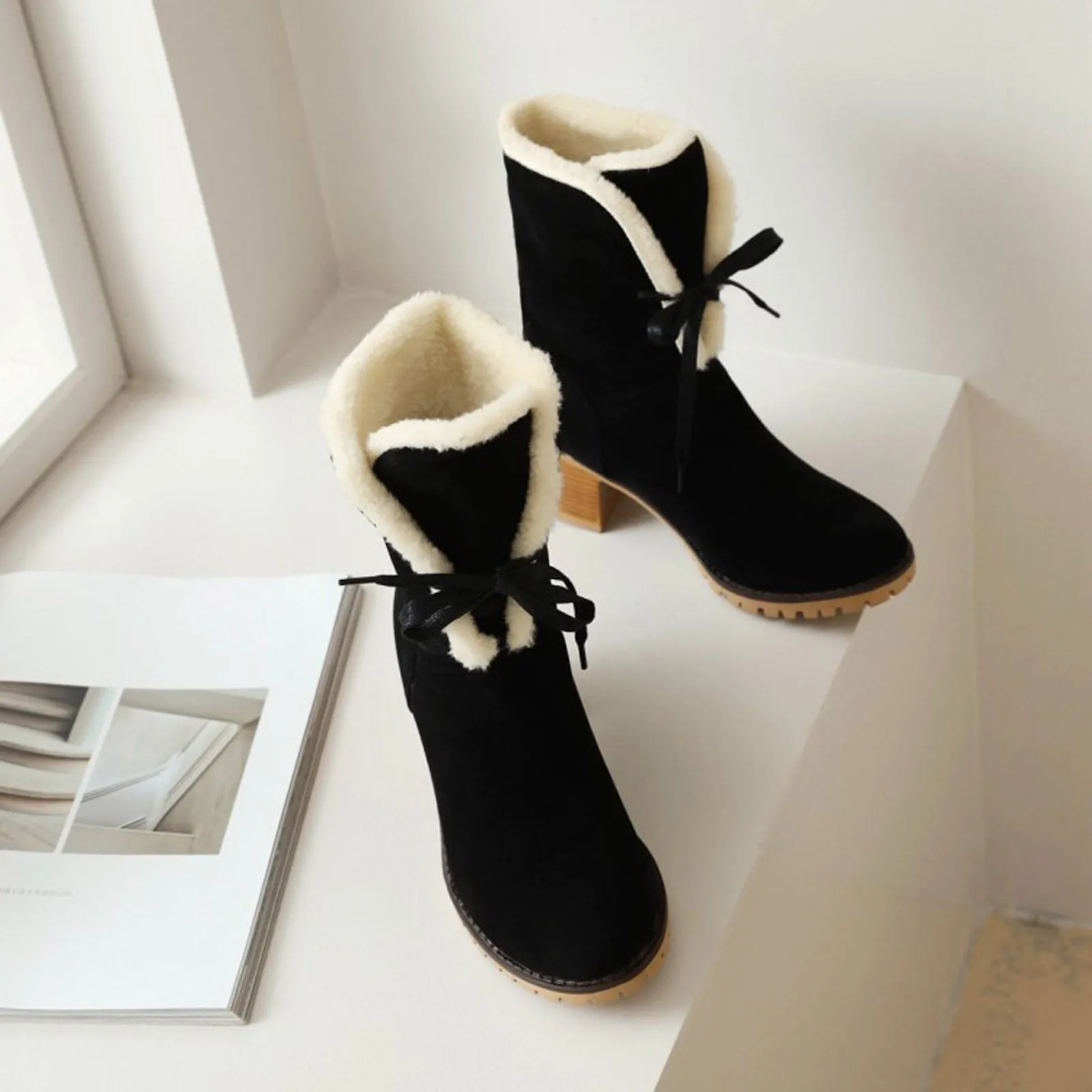 Black faux fur trim Boots Women's