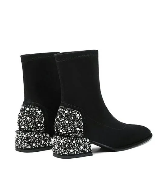 Black Zircon Splicing Stylish Suede Chunky Boots WT023