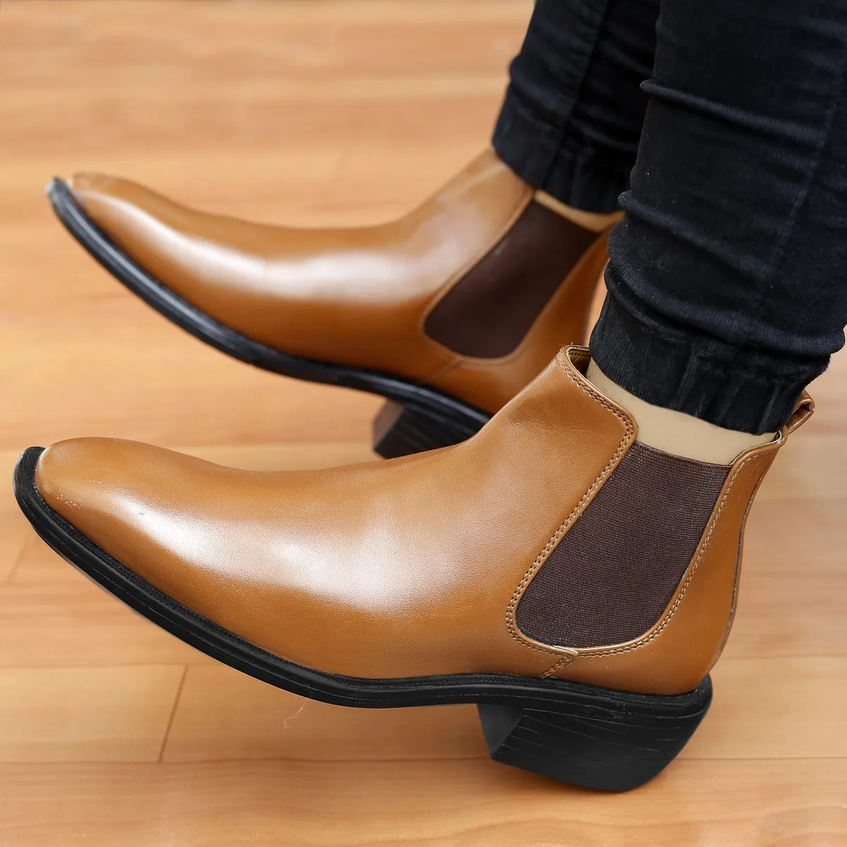 Bxxy's 3 Inch Hidden Height Increasing Vegan Leather  Comfortable Slip-on Chelsea Boots for Men