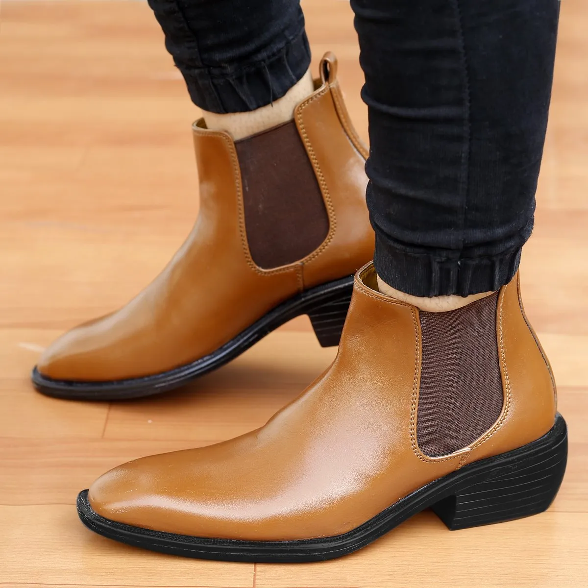 Bxxy's 3 Inch Hidden Height Increasing Vegan Leather  Comfortable Slip-on Chelsea Boots for Men