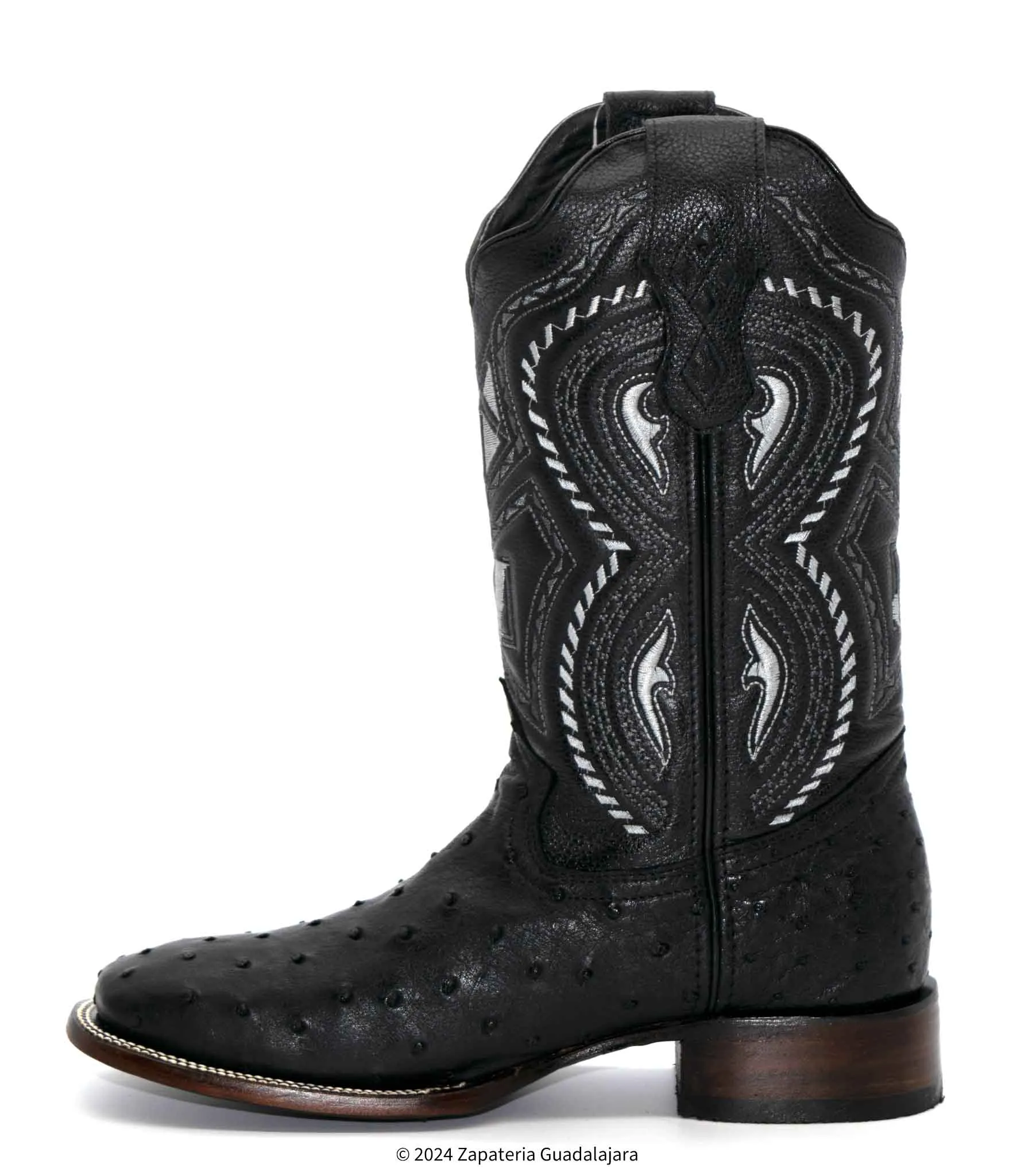 JB703 MEN WIDE SQUARE TOE OSTRICH BLACK BOOT