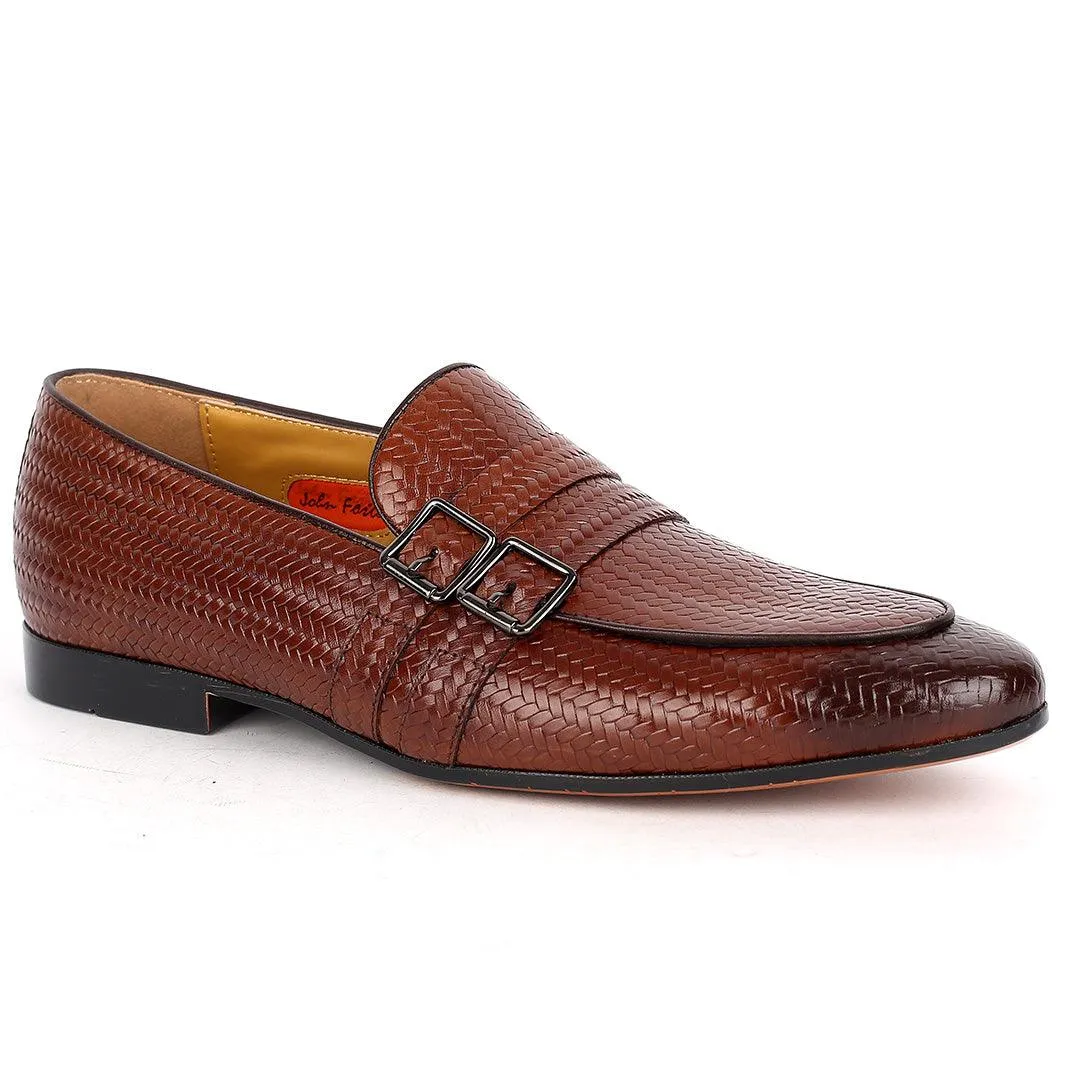 John Foster Classic Woven Brown Leather Shoe With Double Belt Design