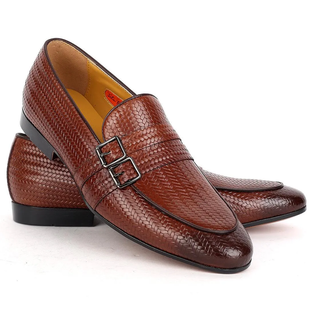 John Foster Classic Woven Brown Leather Shoe With Double Belt Design