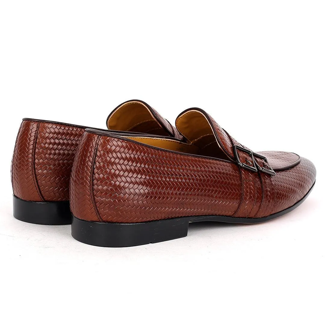 John Foster Classic Woven Brown Leather Shoe With Double Belt Design