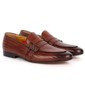 John Foster Classic Woven Brown Leather Shoe With Double Belt Design