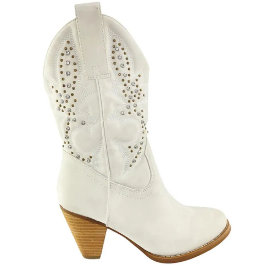 Online Exclusive | Houston Western Stud with Heel Boots in White