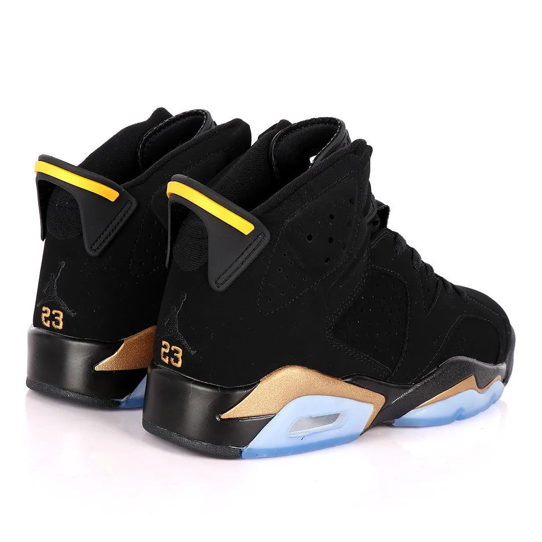 Original Air Jordan 6 Retro Black Suede Sneakers With Classic Gold And Blue Designs