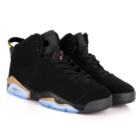 Original Air Jordan 6 Retro Black Suede Sneakers With Classic Gold And Blue Designs