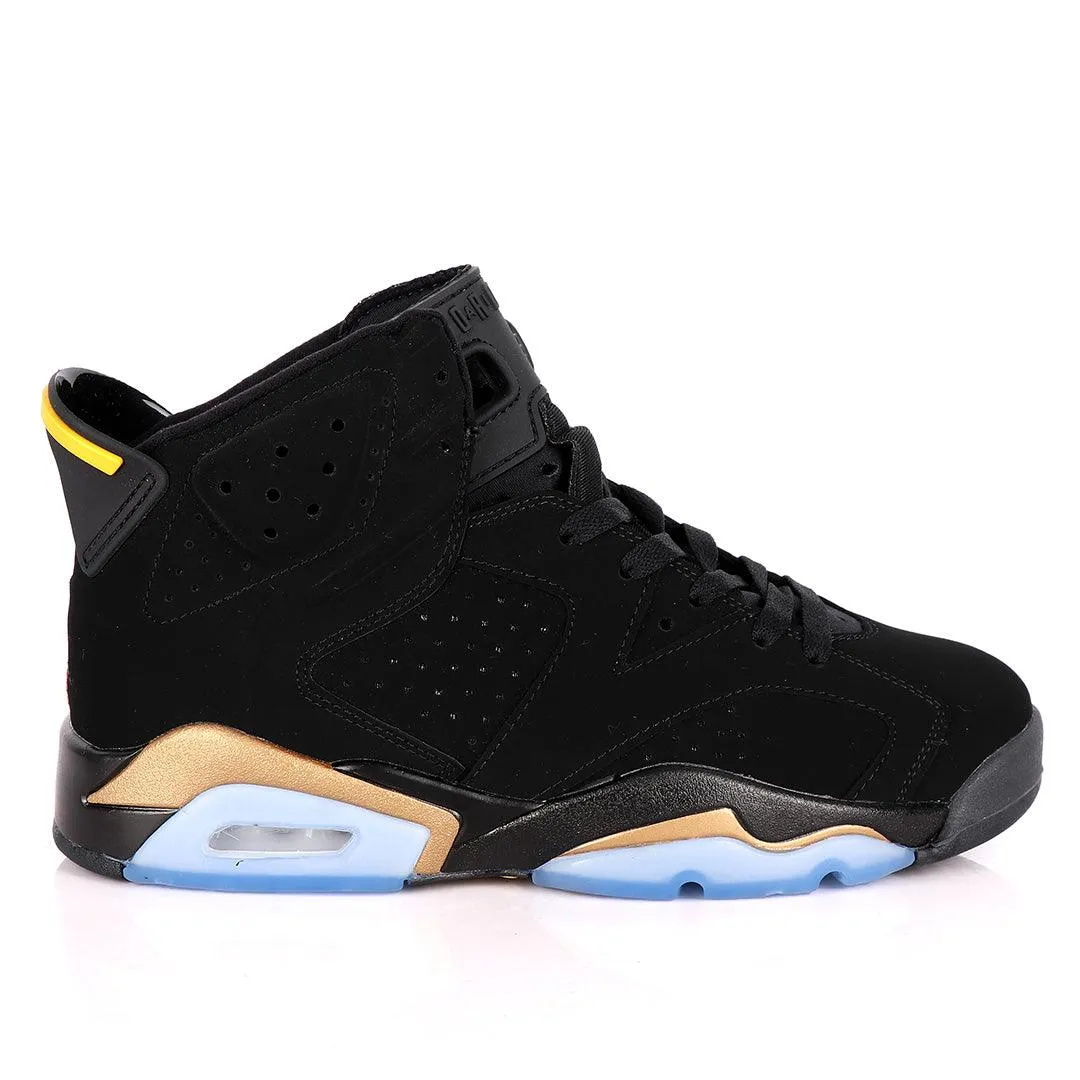 Original Air Jordan 6 Retro Black Suede Sneakers With Classic Gold And Blue Designs