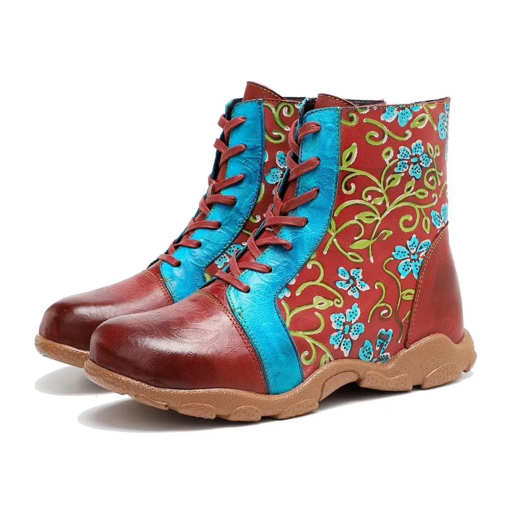 RetroLuxe Printed Cow Leather Low Kitten Heeled Boots