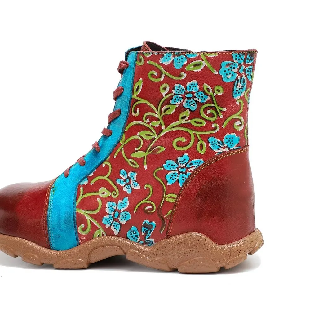 RetroLuxe Printed Cow Leather Low Kitten Heeled Boots