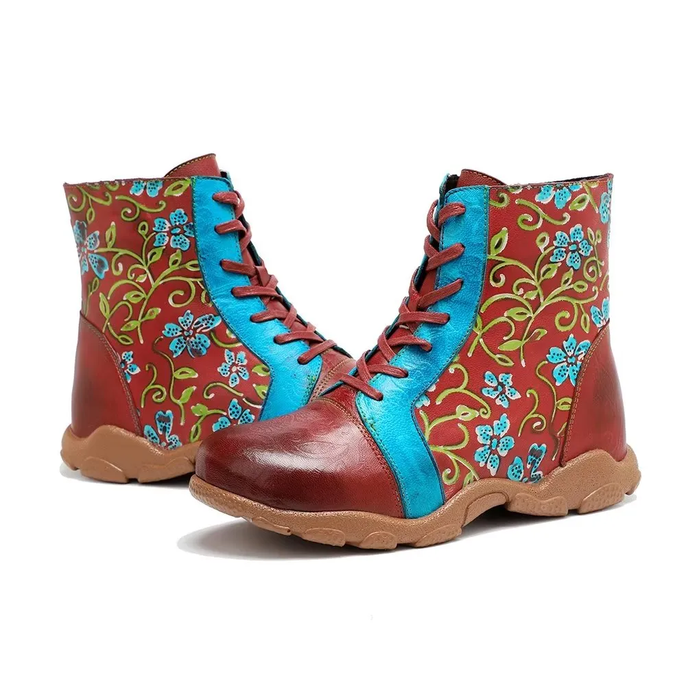 RetroLuxe Printed Cow Leather Low Kitten Heeled Boots