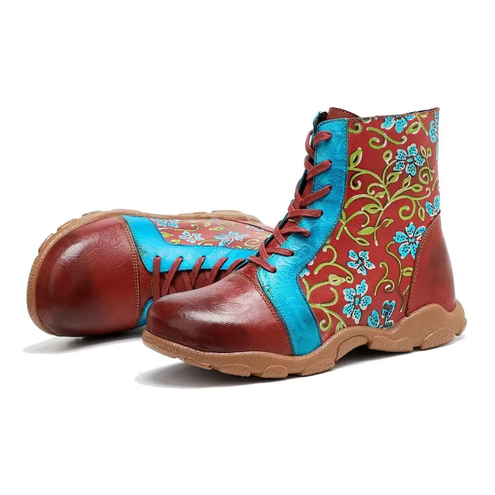 RetroLuxe Printed Cow Leather Low Kitten Heeled Boots