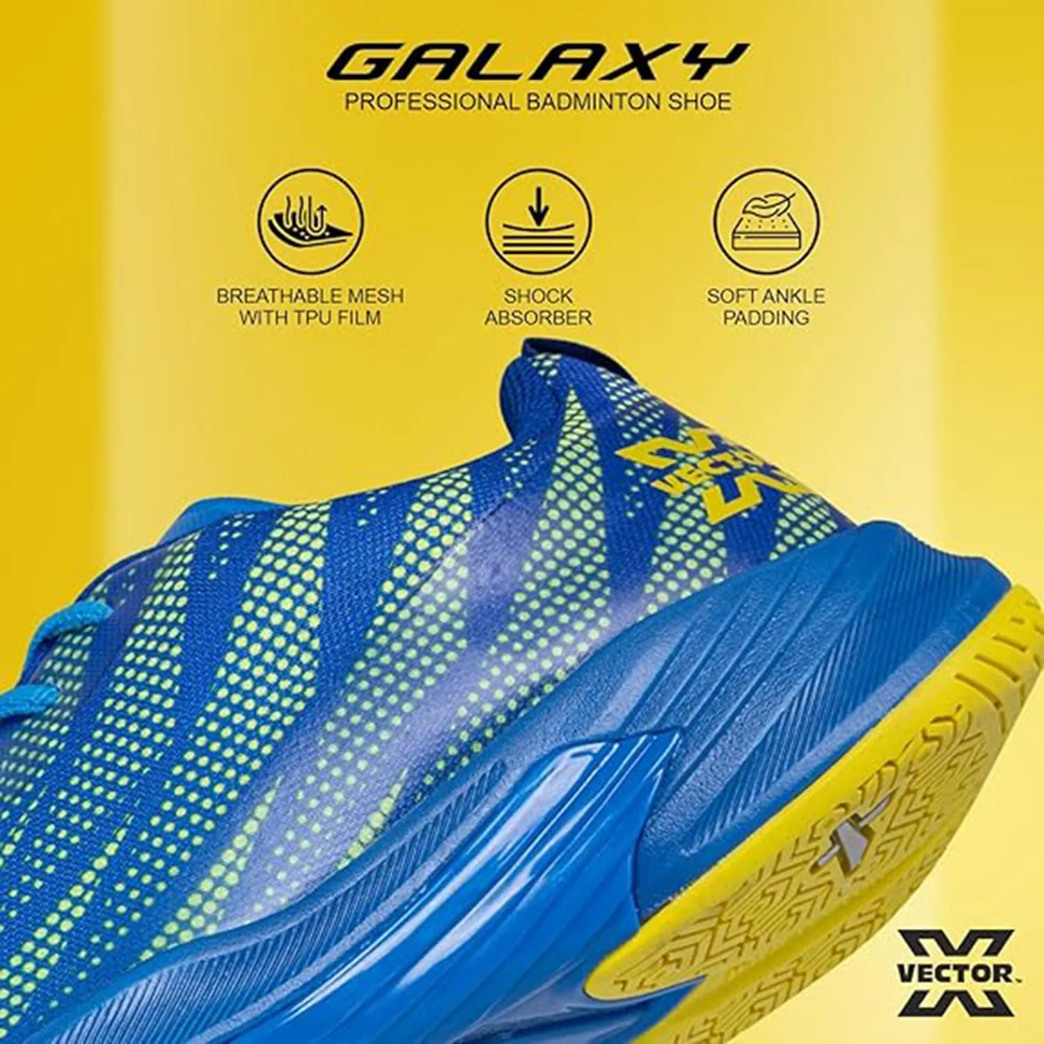 Vector X Galaxy Court Shoe for Badminton– Lightweight, Breathable Mesh, Durable Rubber Outsole, Anti-Slip Grip & Enhanced Comfort