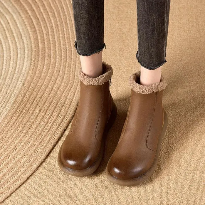 Winter Genuine Leather Cowhide Plush Thickened Warm Short Boots Women's Shoes