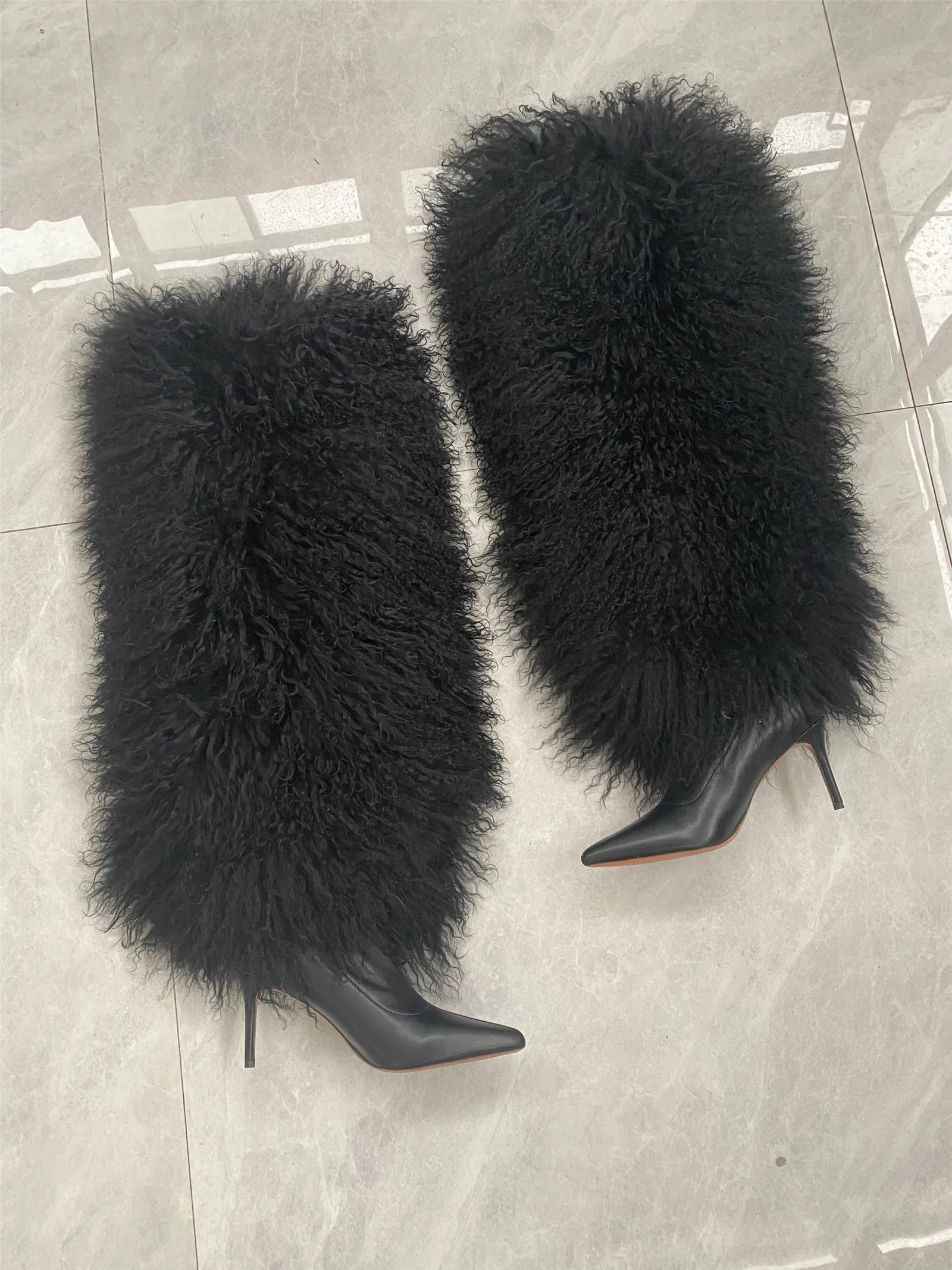 Winter Women's Real Cowhide High Heels Boots With Real Mongolian Sheep Fur Over Knee Boot