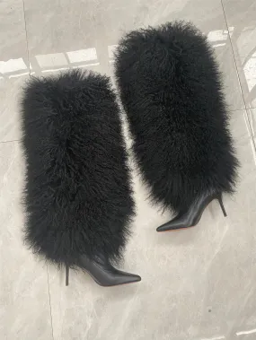 Winter Women's Real Cowhide High Heels Boots With Real Mongolian Sheep Fur Over Knee Boot