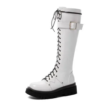 Women's platform knee high zipper boots lace-up platform combat boots