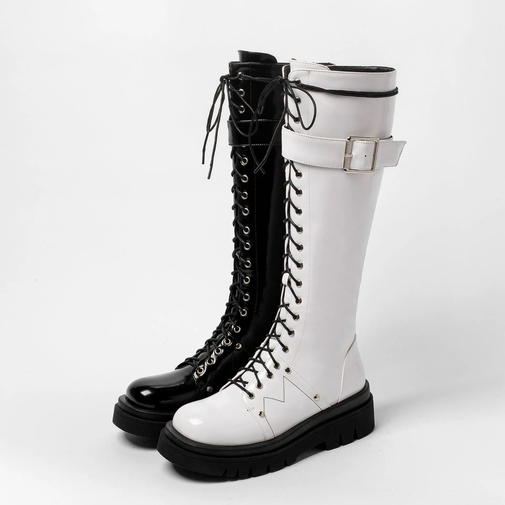 Women's platform knee high zipper boots lace-up platform combat boots