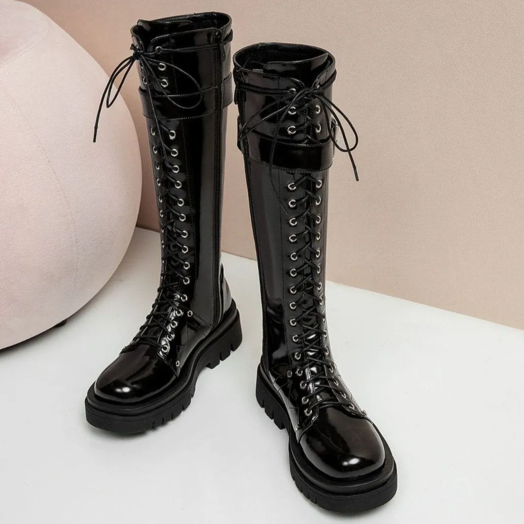 Women's platform knee high zipper boots lace-up platform combat boots