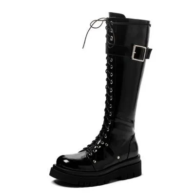 Women's platform knee high zipper boots lace-up platform combat boots