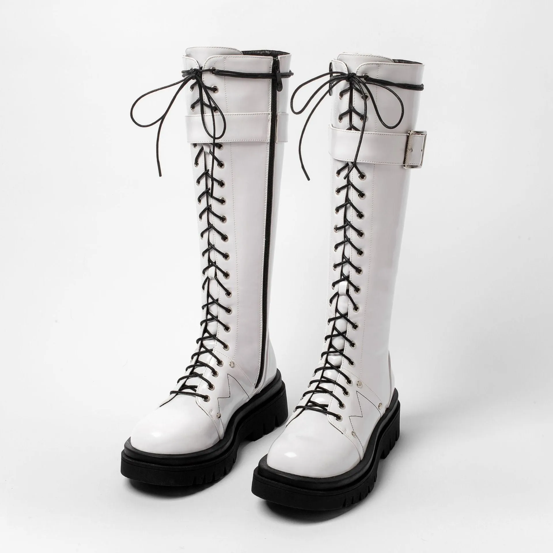 Women's platform knee high zipper boots lace-up platform combat boots