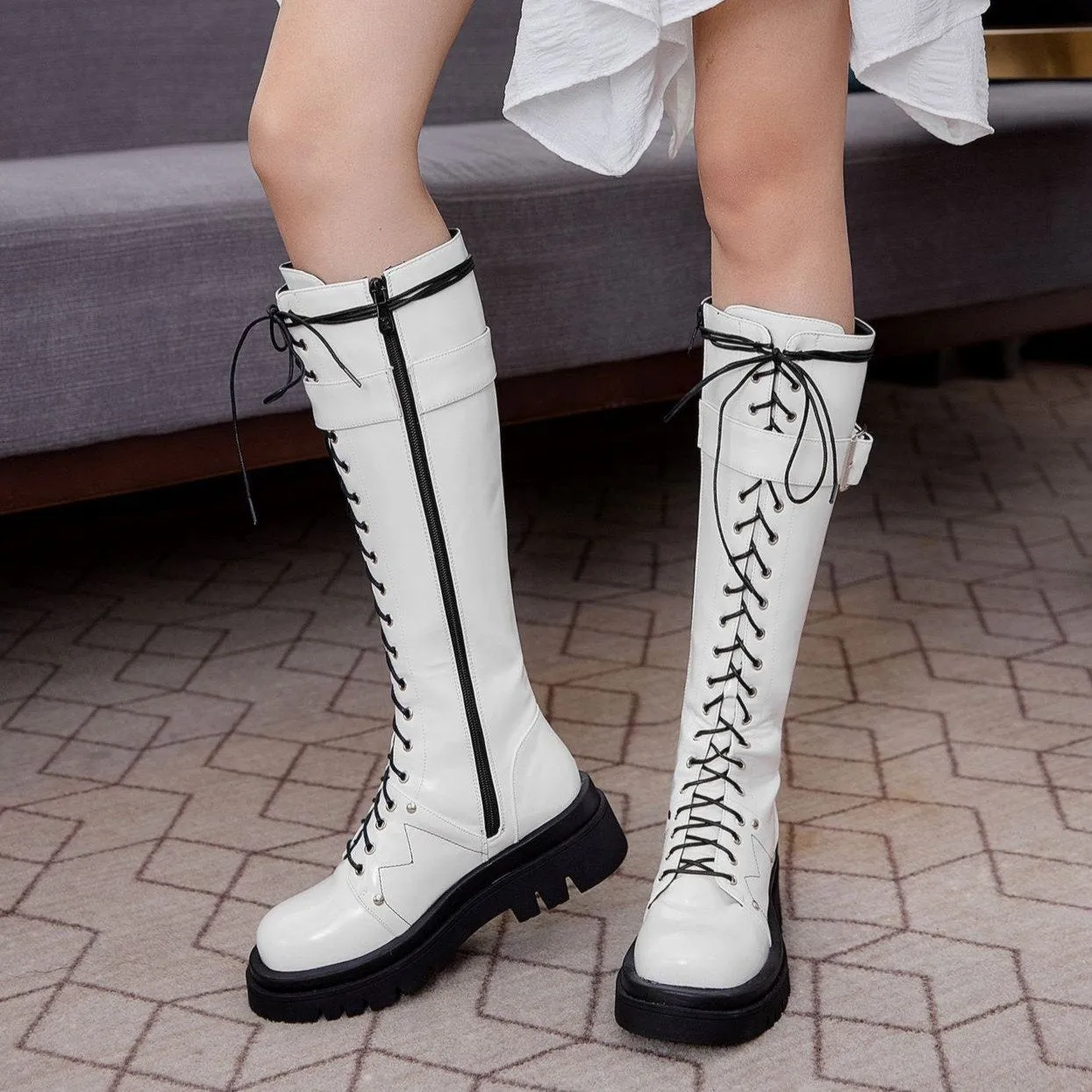 Women's platform knee high zipper boots lace-up platform combat boots