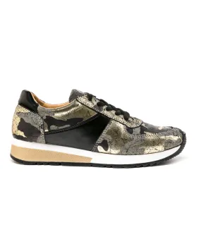 Women's Printed Leather Fashion Sneakers - Metallic Gold Camouflage